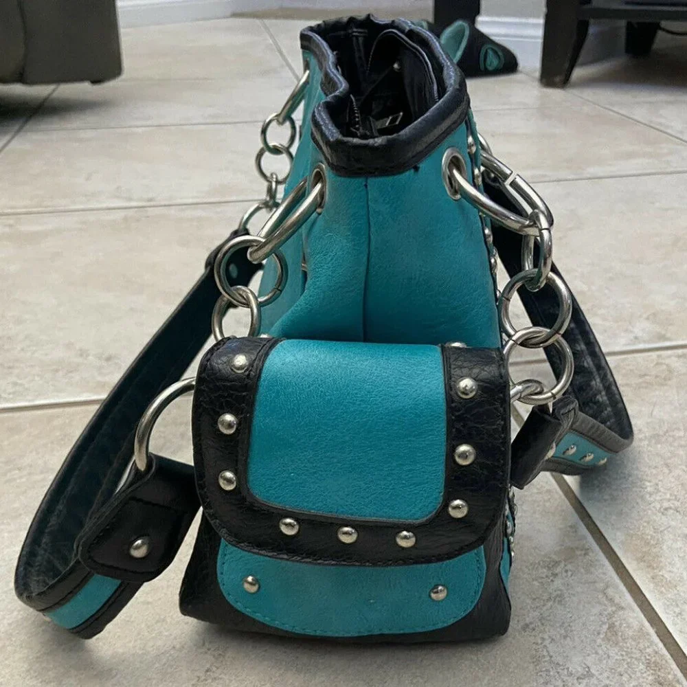 Women's Western Purse, Conceal And Carry Teal Black Bling, Country Glam Handbag - Picture 5 of 8